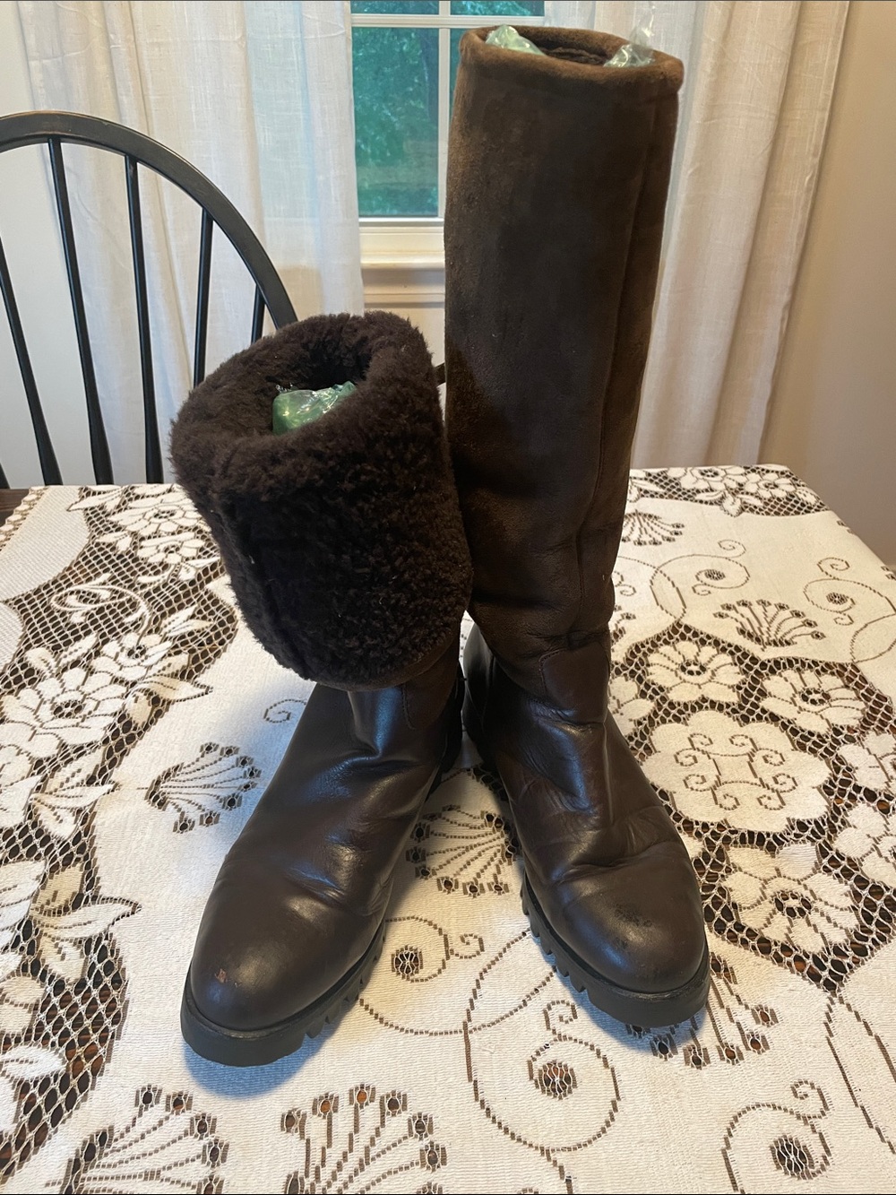 Salvatore Ferragamo Sport Dark Brown Shearling-Trim Tall Leather Lug Sole Boots